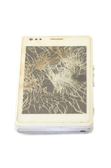 Mobile phone with broken screen, white smartphone