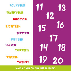 Match then colour the numbers 11 to 20. Kids words learning game, worksheets with simple colorful graphics. children educational Learning color theme and vocabulary. Vector