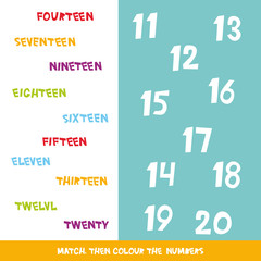 Match then colour the numbers 11 to 20. Kids words learning game, worksheets with simple colorful graphics. children educational Learning color theme and vocabulary. Vector