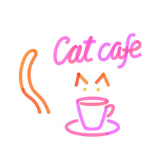 Cat cafe with cup logo template. Isolated line art style illustration on white background.