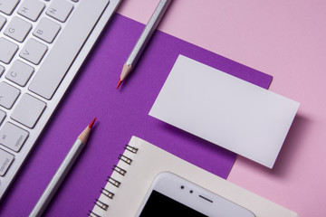 Office desk table with supplies. Flat lay Business workplace and objects. Top view. Copy space for text