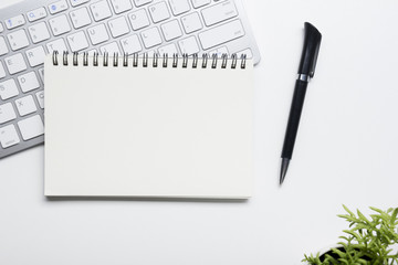 Office desk table with supplies. Flat lay Business workplace and objects. Top view. Copy space for text
