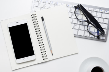 Office desk table with supplies. Flat lay Business workplace and objects. Top view. Copy space for text