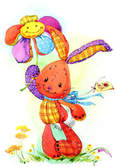 Cute bunny toy hand draw watercoloe illustration