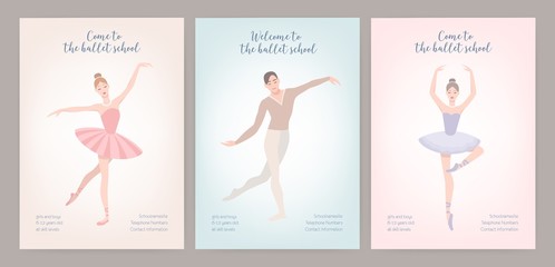 Collection of flyer templates with elegantly dressed male and female ballet dancers in various poses. Flat cartoon vector illustration for classic dance or choreography school promotion, advertising © Good Studio