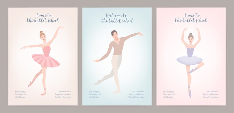 Collection of flyer templates with elegantly dressed male and female ballet dancers in various poses. Flat cartoon vector illustration for classic dance or choreography school promotion, advertising