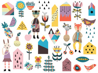 Set of cute scandinavian style elements and animals. Hand drawn vector illustration.