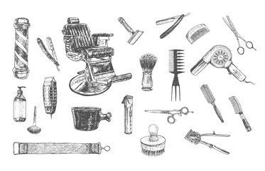 Hairdressers professional tools and accessories. Barber Stylist big set. Vector barber shop vintage collection. Hand drawn doodle retro Illustration in ancient engraving style