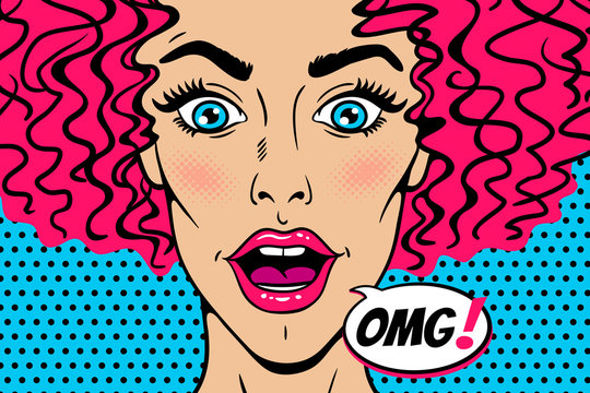 Wow female face. Sexy surprised young woman head with wide open mouth, eyes and pink curly hair and OMG speech bubble. Vector colorful background in pop art retro comic style. Party invitation poster.