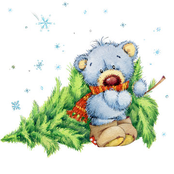 Cute Bear. Christmas Card. Watercolor Teddy Bear illustration. Background for New Year invitation card. © Елена Фаенкова