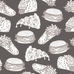 Vector seamless pattern with fast food: cheeseburger, hamburger, wrap roll, pizza slice, taco. Background for menus, recipes, and packages. Dark background.