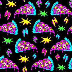 Crazy space alien pizza attack seamless pattern with pizza slices, lightning strikes, and colorful explosions. Black background.