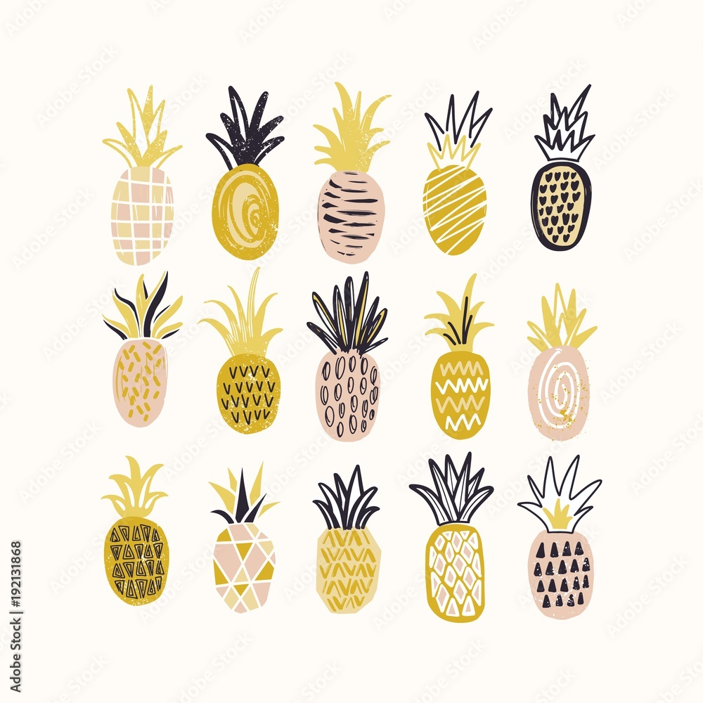 Poster Collection of decorative pineapples of various color and texture isolated on white background. Bundle of exotic tropical ripe juicy fruits. Colorful hand drawn vector illustration in doodle style.
