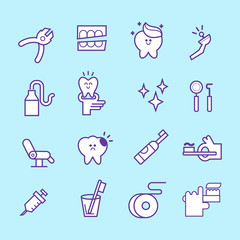 Dental care flat decorative icons set with stomatologist tools teeth care products and white smile symbols. Isolated vector illustration