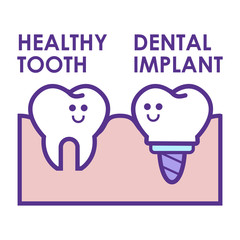 Cartoon dental implant and tooth. Smiling tooth and dental implant. Funny vector illustration