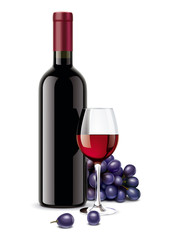 Wine bottle, Grapes and Wineglass