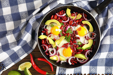 mexican breakfast with fried egg, red bean