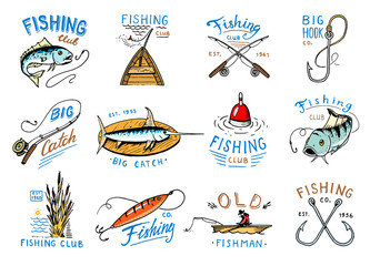 Fishing logo vector fishery logotype with fisherman in boat and emblem with catched fish on fishingrod illustration set for fishingclub isolated on white background