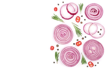 Sliced red onion with rosemary and peppercorns isolated on white background with copy space for your text. Top view