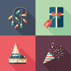 Christmas decorations and gifts flat square icons set.