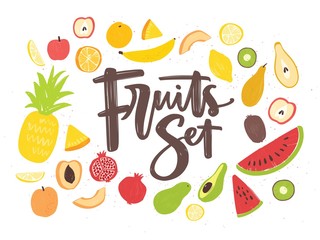 Collection of delicious ripe juicy exotic tropical fruits, whole and cut into slices - pineapple, kiwi, watermelon, banana, apple, orange, lemon, pear, pomegranate, avocado. Vector illustration.