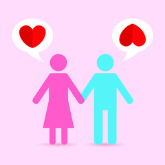 Man holding hand of woman think having sex and women think having love, Male and Female gender symbol valentine's Day sign concept, Illustration heart funny relationship vector. 