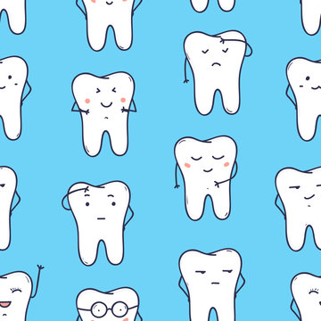 Seamless pattern with funny teeth expressing different emotions