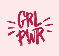 Peel and stick wall murals For her Girl power inscription handwritten with bright pink vivid font. GRL PWR hand lettering. Feminist slogan, phrase or quote. Modern vector illustration for t-shirt, sweatshirt or other apparel print.