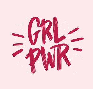 Girl power inscription handwritten with bright pink vivid font. GRL PWR hand lettering. Feminist slogan, phrase or quote. Modern vector illustration for t-shirt, sweatshirt or other apparel print.