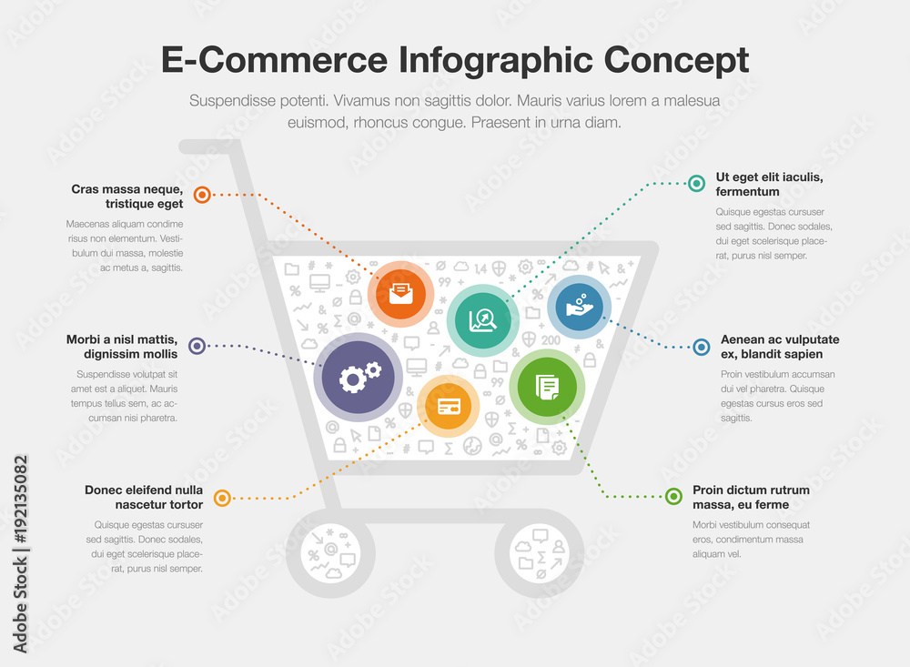 Poster e-commerce infographic concept with shopping cart symbol filled with small icons isolated on light b