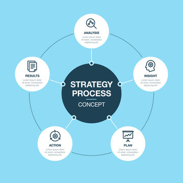 Simple Vector infographic for strategy process template isolated on blue background. Easy to use for your website or presentation.