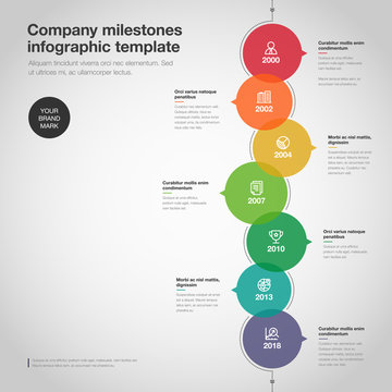 Vector infographic for company milestones timeline template with colorful bubbles isolated on light background. Easy to use for your website or presentation.