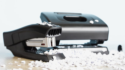 Stapler for office work on the table. Stationery item. Office su