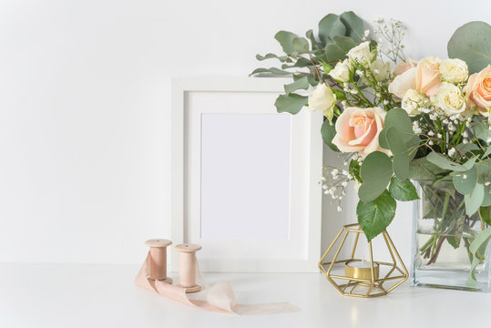 Framr Mockup With Blush Wedding Bouquet With Roses