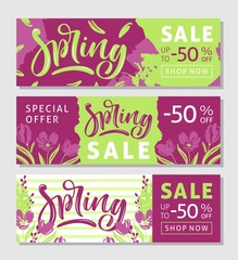 Set of horizontal spring banners. Calligraphic hand written text and flowers.