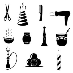 Set of silhouettes of tools and objects for a spa, hairdresser and massage