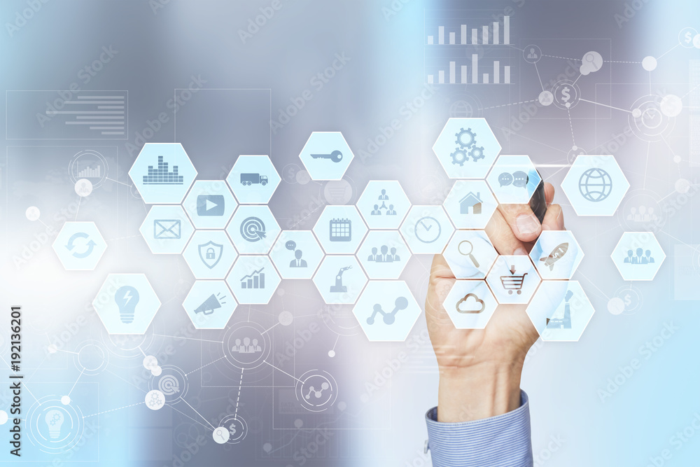 Poster virtual screen interface. internet and digital technology in business concept.