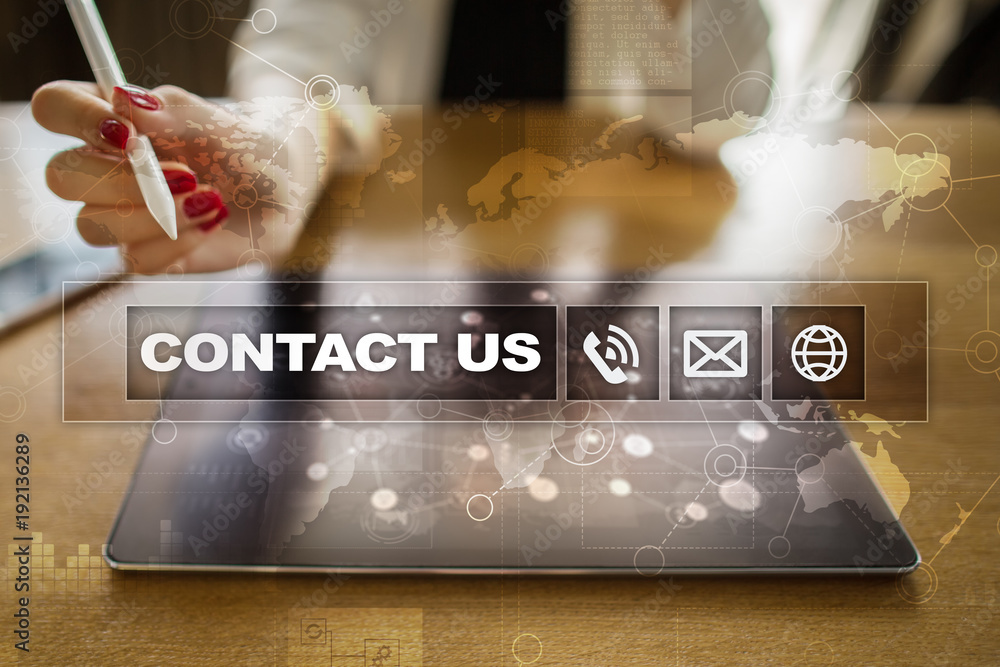 Poster contact us button and text on virtual screen. business and technology concept.