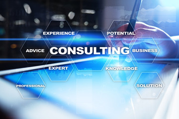 Consulting business concept. Text and icons on virtual screen.