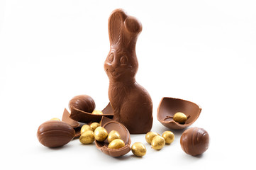 Passover, happy easter and good friday wishes concept with a chocolate bunny surrounded by pieces of chocolate eggs isolated on white background with a clipping path included