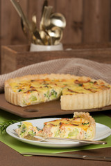 Home Baked Salmon Quiche With Broccoli. Traditional British Food.
