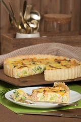 Home Baked Salmon Quiche With Broccoli. Traditional British Food.