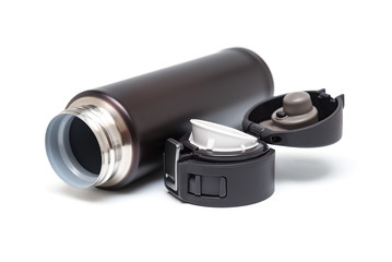 opened burgundy vacuum tumbler with safety lock on white background