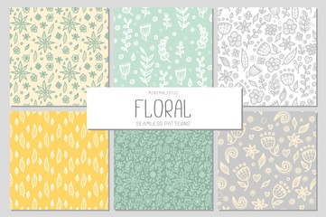 Set of 6 minimalistic floral seamless patterns in doodle style