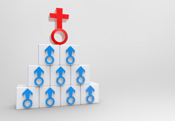 3d rendering. Stack of A red female on the top of blue male gender sign in the cubes with gray copy space background. Gender pay gap or women are the best concept