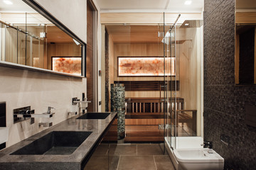 The interior of the bathroom is in brown colors with a bidet, two sinks, a glass shower and a sauna...