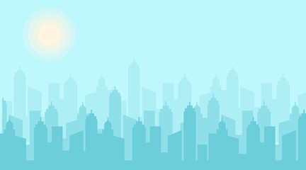 Fototapeta na wymiar City skyline vector illustration. Urban landscape. Blue city silhouette. Cityscape in flat style. Modern city landscape. Cityscape backgrounds. Daytime city skyline. 