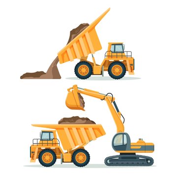 Dump truck with body full of soil and modern excavator