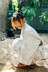 Onsen series: Asian woman in yukata, casual summer kimono