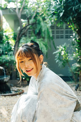 Onsen series: Asian woman in yukata, casual summer kimono